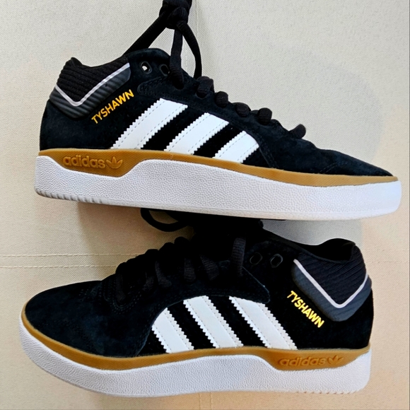 adidas Other - Tyshawn Jones/Adidas skateboard sneaker, blk suede upper w gold, white/gum sole